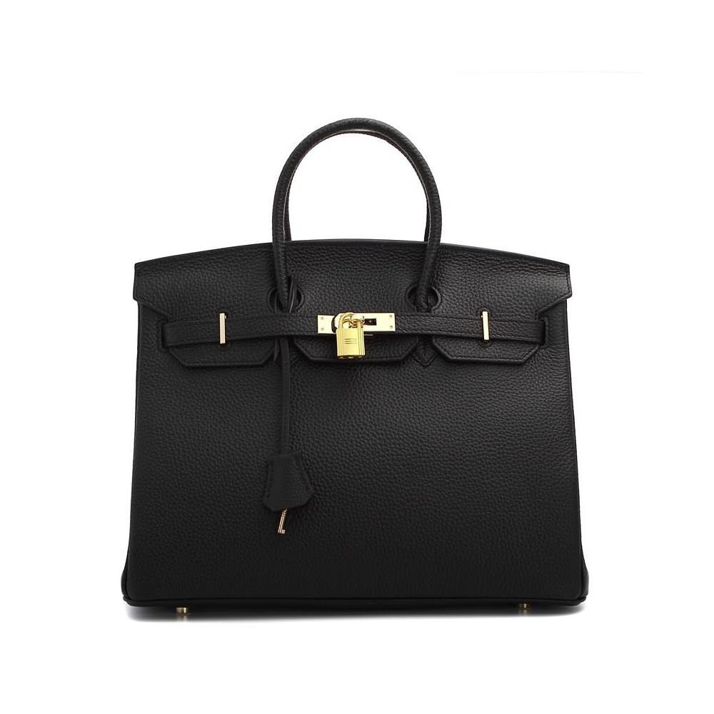 Rosaire « Beaubourg » Genuine Cowhide Full Grain Leather Top Handle Bag Padlock in Black / Gold 15881