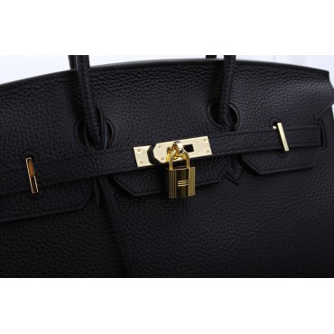 Rosaire « Beaubourg » Genuine Cowhide Full Grain Leather Top Handle Bag Padlock in Black / Gold 15881