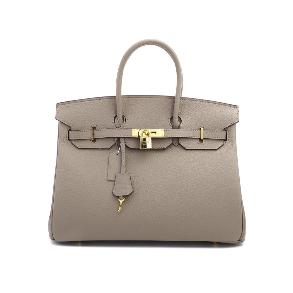 Rosaire « Beaubourg » Genuine Cowhide Full Grain Leather Top Handle Bag Padlock in Taupe Gold / 15881