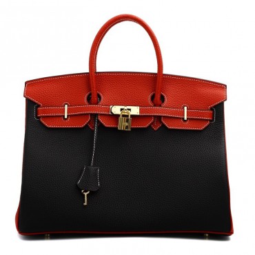 Rosaire « Beaubourg » Genuine Cowhide Full Grain Leather Top Handle Bag Padlock Black / Red / Gold 15881