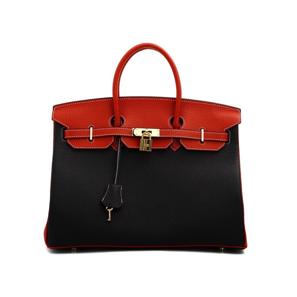 Rosaire « Beaubourg » Genuine Cowhide Full Grain Leather Top Handle Bag Padlock Black / Red / Gold 15881