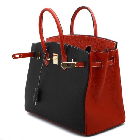 Rosaire « Beaubourg » Genuine Cowhide Full Grain Leather Top Handle Bag Padlock Black / Red / Gold 15881