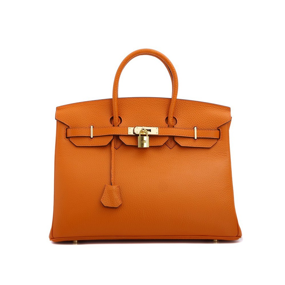 Rosaire « Beaubourg » Genuine Cowhide Full Grain Leather Top Handle Bag Padlock in Orange / Gold 15881