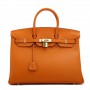 Rosaire « Beaubourg » Genuine Cowhide Full Grain Leather Top Handle Bag Padlock in Orange / Gold 15881