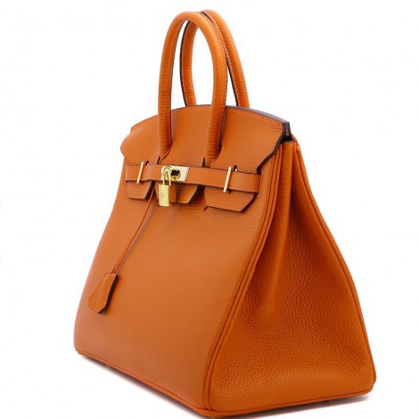 Rosaire « Beaubourg » Genuine Cowhide Full Grain Leather Top Handle Bag Padlock in Orange / Gold 15881