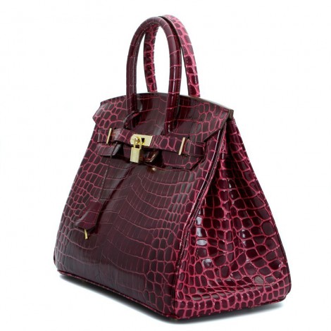 Rosaire « Beaubourg » Genuine Cowhide Leather Crocodile Pattern Top Handle Bag Padlock Purple / Gold 15886