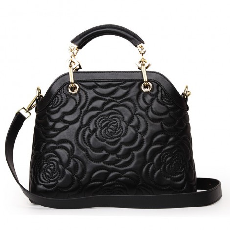 Rosaire « Lucienne » Women's Top Handle Sheepskin Leather Bag Camellia Pattern Black 76102