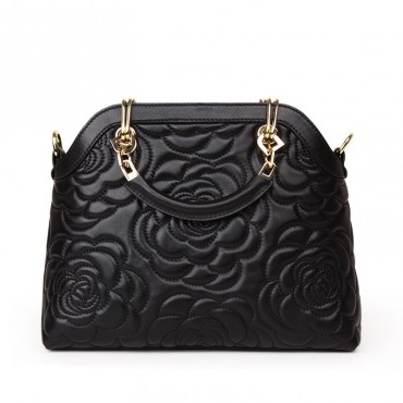 Rosaire « Lucienne » Women's Top Handle Sheepskin Leather Bag Camellia Pattern Black 76102
