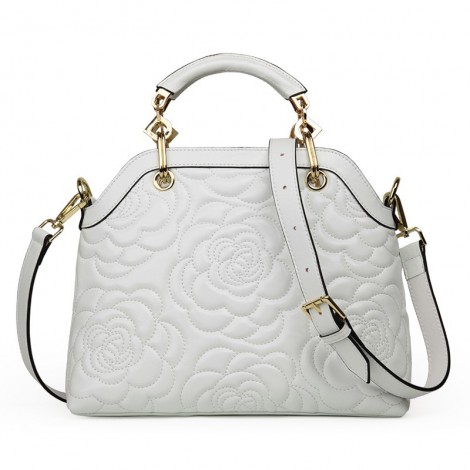 Rosaire « Lucienne » Women's Top Handle Sheepskin Leather Bag Camellia Pattern White 76102