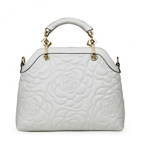 Rosaire « Lucienne » Women's Top Handle Sheepskin Leather Bag Camellia Pattern White 76102