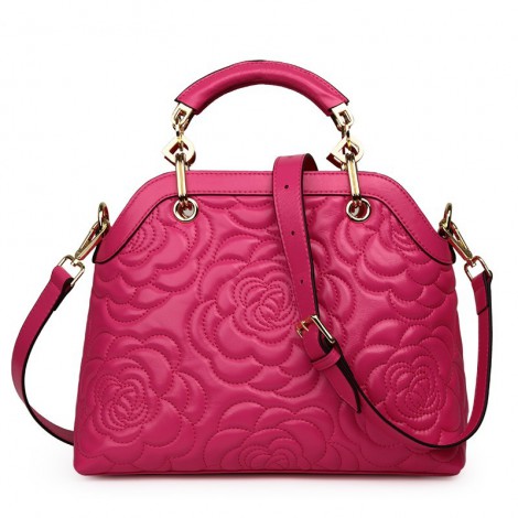 Rosaire « Lucienne » Women's Top Handle Sheepskin Leather Bag Camellia Pattern Magenta 76102
