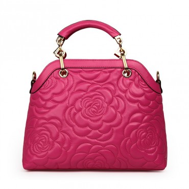 Rosaire « Lucienne » Women's Top Handle Sheepskin Leather Bag Camellia Pattern Magenta 76102