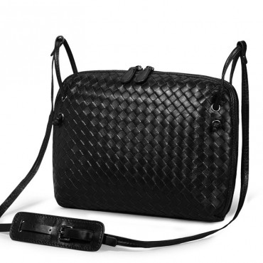 Rosaire « Esmeralda » Women's Messenger Bag Intrecciato Genuine Sheepskin Leather Black 76107