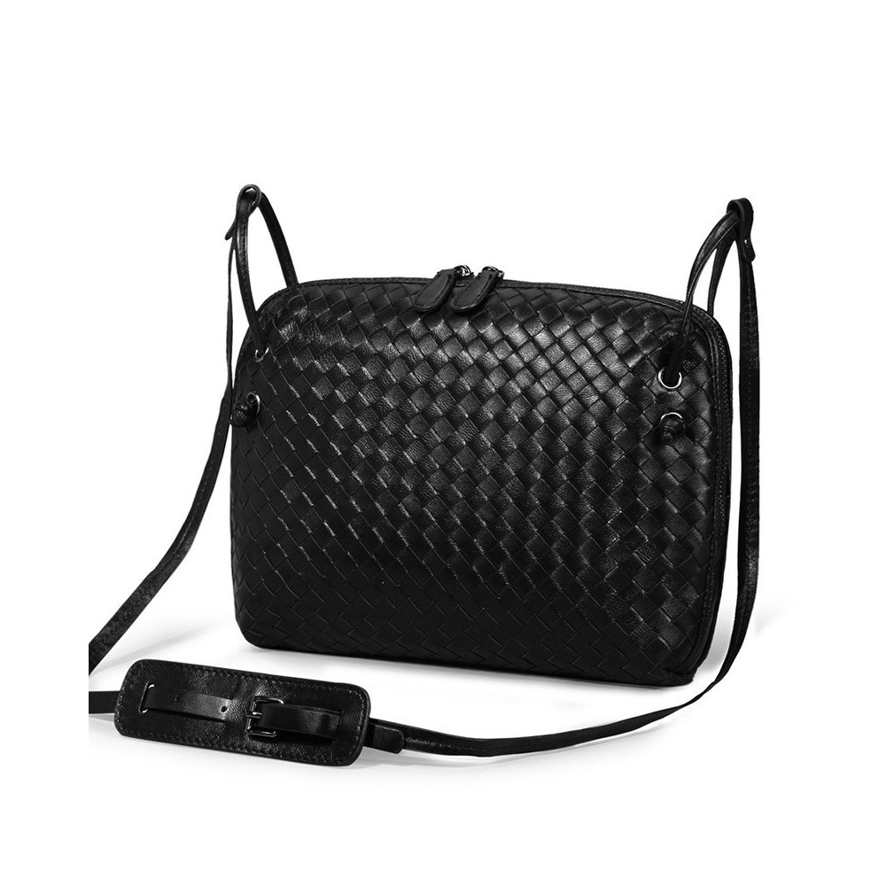 Rosaire « Esmeralda » Women's Messenger Bag Intrecciato Genuine Sheepskin Leather Black 76107