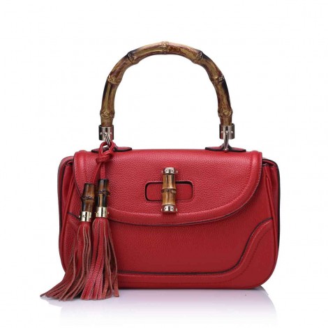 Rosaire « Sofia » Women's Top Handle Bamboo Bag Genuine Cow Leather Red 76108