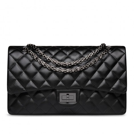 Rosaire « Morgane » Women's Quilted Lambskin Leather Double Flap Shoulder Handbag with Chain Black 76111