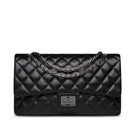 Rosaire « Morgane » Women's Quilted Lambskin Leather Double Flap Shoulder Handbag with Chain Black 76111
