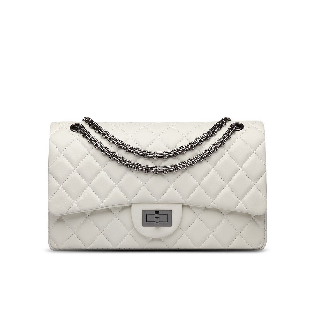 Rosaire « Morgane » Women's Quilted Lambskin Leather Double Flap Shoulder Handbag with Chain in White Color / 76111