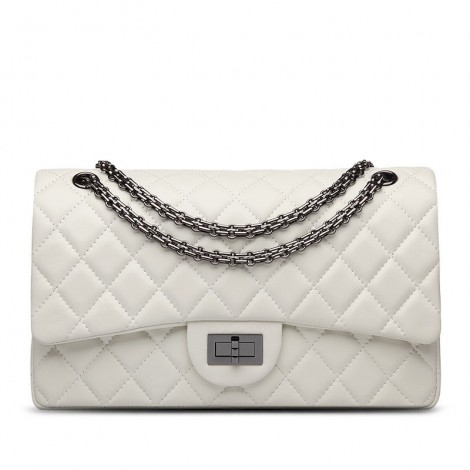 Rosaire « Morgane » Women's Quilted Lambskin Leather Double Flap Shoulder Handbag with Chain in White Color / 76111