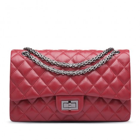 Rosaire « Morgane » Women's Quilted Lambskin Leather Double Flap Shoulder Handbag with Chain in Red Color / 76111