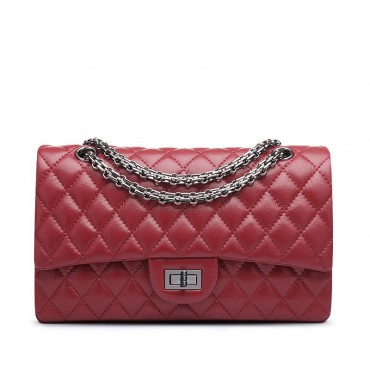 Rosaire « Morgane » Women's Quilted Lambskin Leather Double Flap Shoulder Handbag with Chain in Red Color / 76111