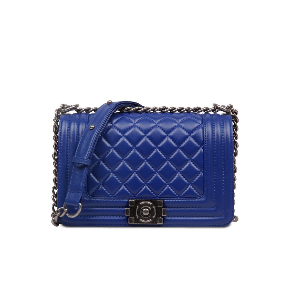 Rosaire « Soline » Quilted Lambskin Leather Shoulder Bag with Chain Link in Blue Color / 75134