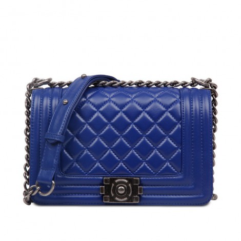 Rosaire « Soline » Quilted Lambskin Leather Shoulder Bag with Chain Link in Blue Color / 75134