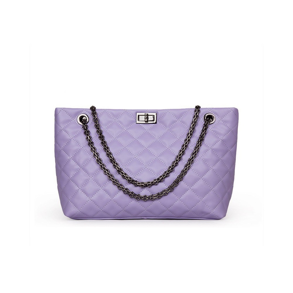 Rosaire « Apolline » Quilted Tote Bag Cowhide Leather with Chain Shoulder Strap in Light Purple Color / 75135