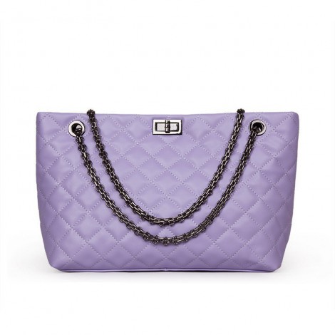 Rosaire « Apolline » Quilted Tote Bag Cowhide Leather with Chain Shoulder Strap in Light Purple Color / 75135