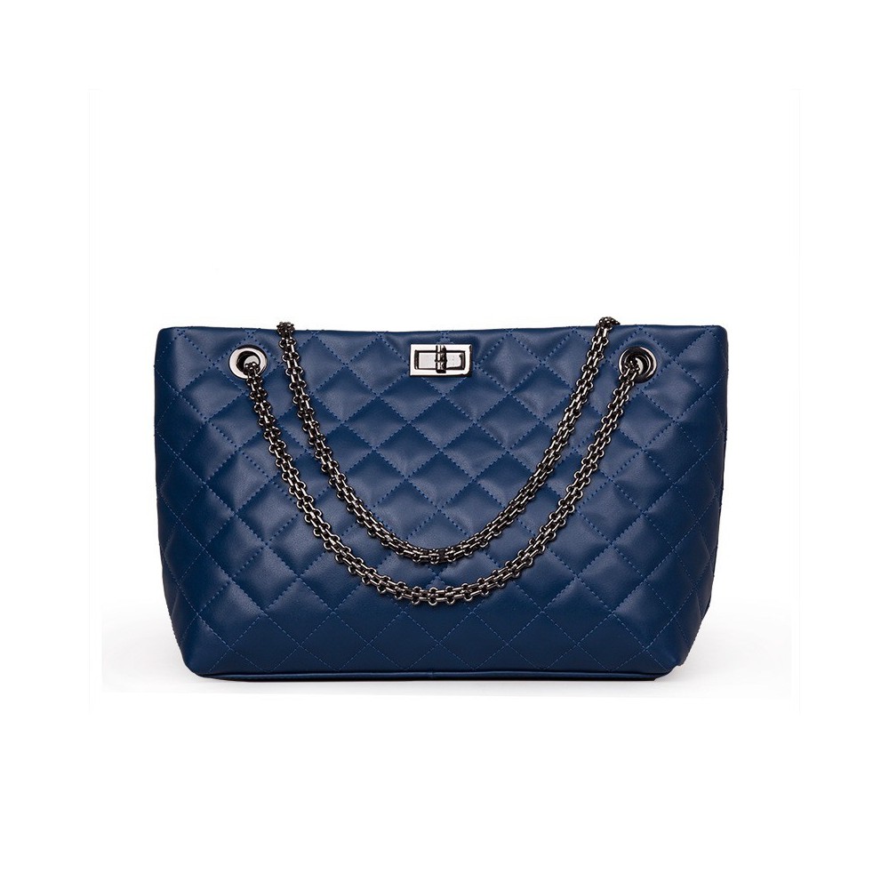 Rosaire « Apolline » Quilted Tote Bag Cowhide Leather with Chain Shoulder Strap in Blue Color / 75135