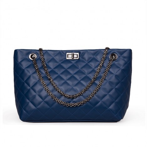 Rosaire « Apolline » Quilted Tote Bag Cowhide Leather with Chain Shoulder Strap in Blue Color / 75135