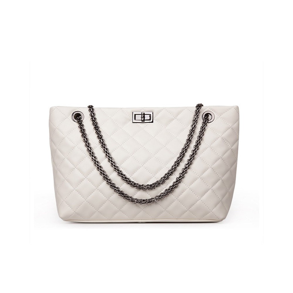 Rosaire « Apolline » Quilted Tote Bag Cowhide Leather with Chain Shoulder Strap in White Color / 75135
