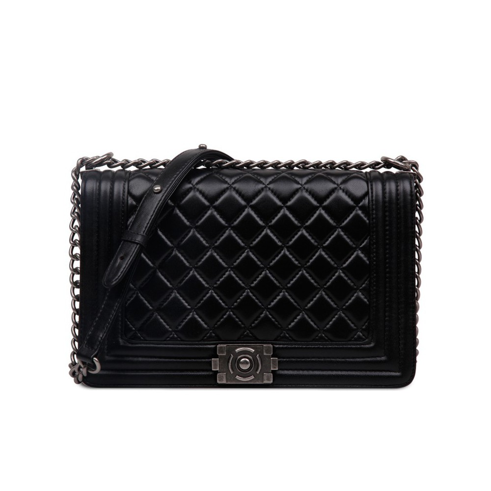 Rosaire « Soline » Quilted Lambskin Leather Shoulder Bag with Chain Link in  Black Color / 75134