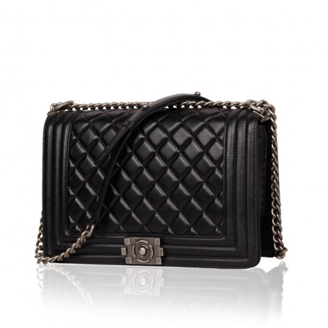 Rosaire « Soline » Quilted Lambskin Leather Shoulder Bag with Chain Link in Black Color / 75134