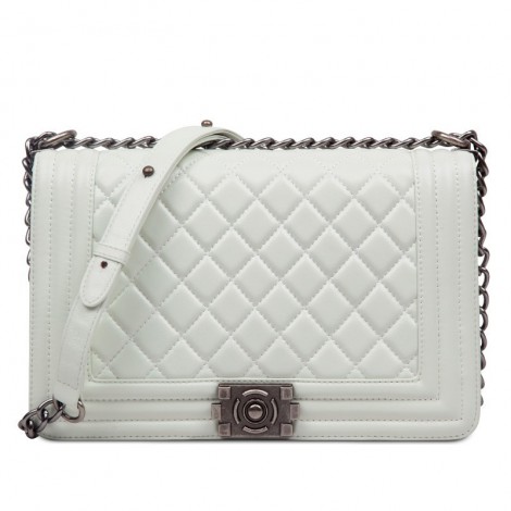 Rosaire « Soline » Quilted Lambskin Leather Shoulder Bag with Chain Link in White Color / 75134