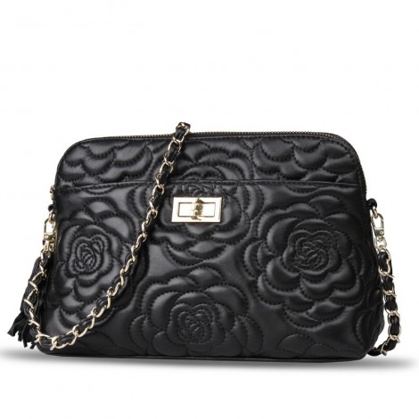 Rosaire « Louise » Bowling Bag Genuine Lambskin Leather with Camellia Flower Pattern in Black Color 76123