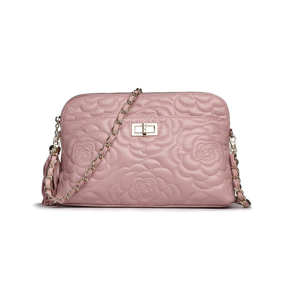 Rosaire « Louise » Bowling Bag Genuine Lambskin Leather with Camellia Flower Pattern in Pink Color 76123