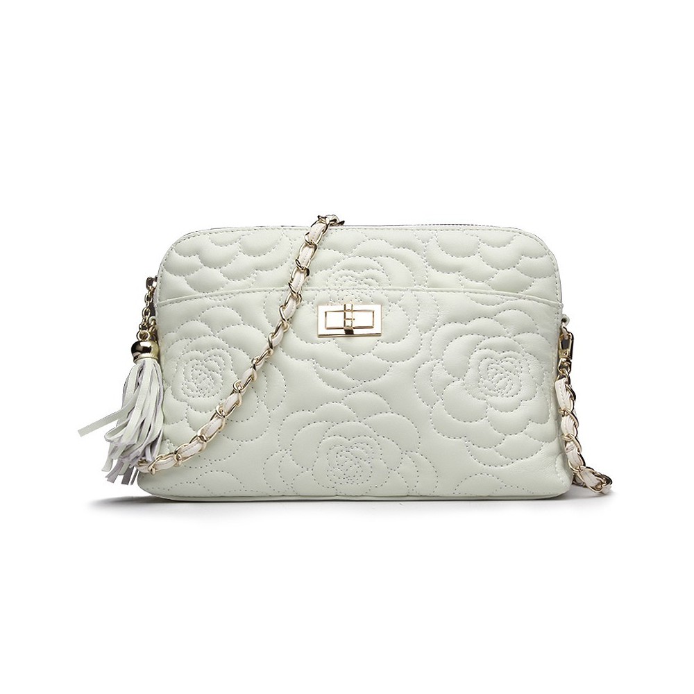 Rosaire « Louise » Bowling Bag Genuine Lambskin Leather with Camellia Flower Pattern in White Color 76123