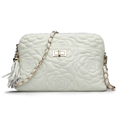 Rosaire « Louise » Bowling Bag Genuine Lambskin Leather with Camellia Flower Pattern in White Color 76123
