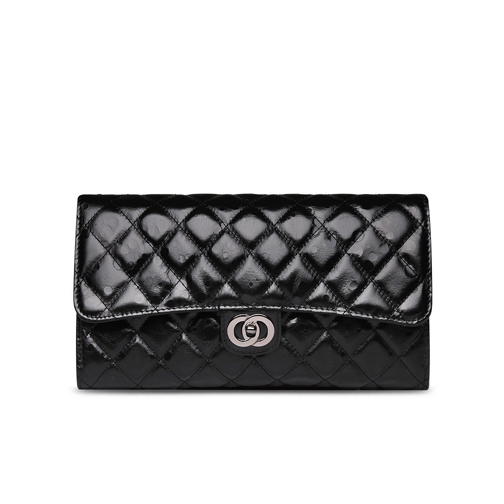 Rosaire « Jeanne » Quilted Metallic Clutch Bag Cowhide Leather with Shoulder Strap in Black Color 75109