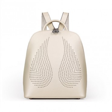 Rosaire « Angel Wings » Trendy Studded Backpack Cowhide Leather Bag in Beige Color 76150