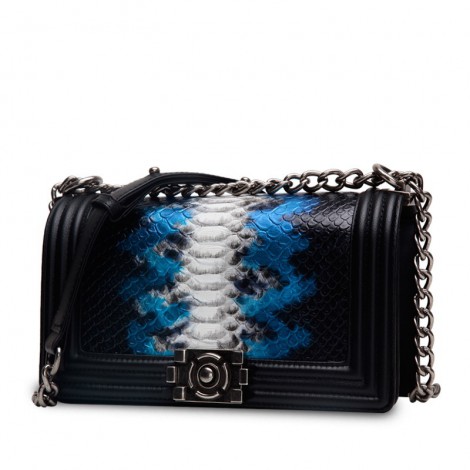 Rosaire « Soline » Shoulder Bag made of Cowhide Leather (Snakeskin Pattern) with Chain Link in Black Blue White Color / 76178