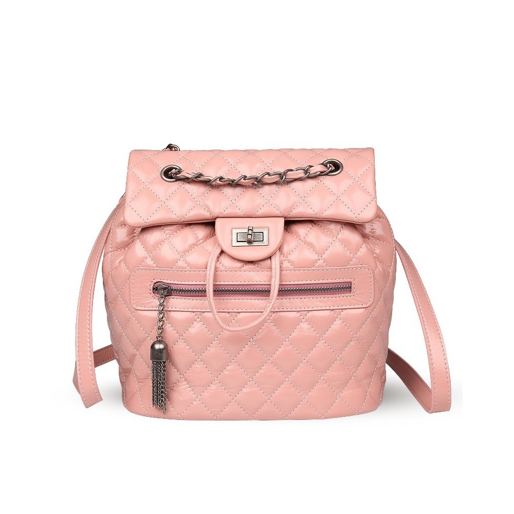 Rosaire « Claudette » Quilted Glazed Cowhide Leather Flap Backpack Bag in Pink Color 76181