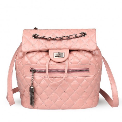 Rosaire « Claudette » Quilted Glazed Cowhide Leather Flap Backpack Bag in Pink Color 76181