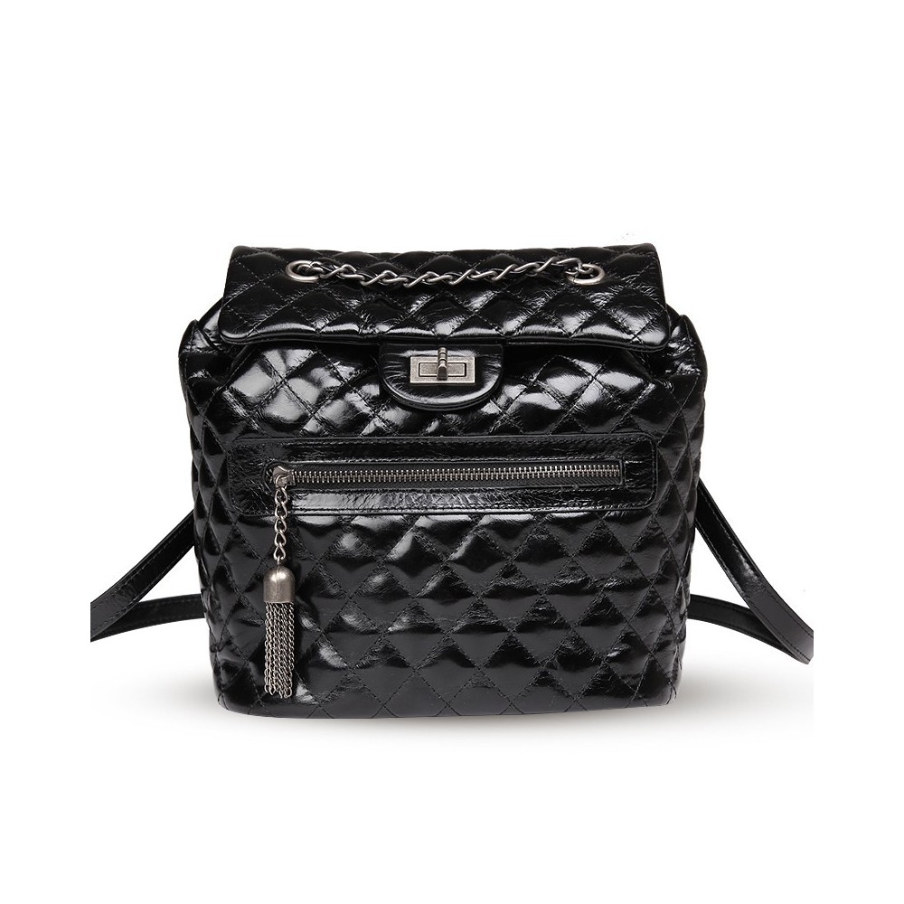 Rosaire « Claudette » Quilted Glazed Cowhide Leather Flap Backpack Bag in Black Color 76181