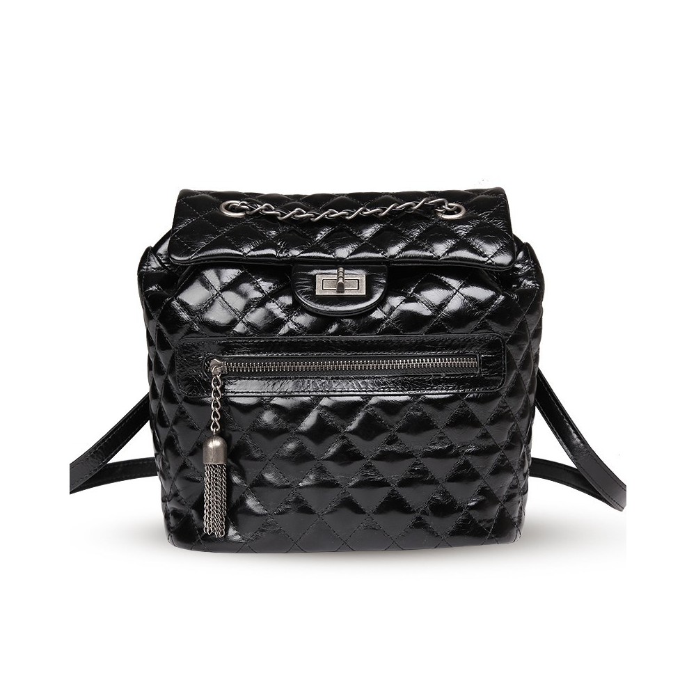 Rosaire « Claudette » Quilted Glazed Cowhide Leather Flap Backpack Bag in Black Color 76181 Rosaire « Claudette » Quilted Glazed Cowhide Leather Flap Backpack Bag in Black Color 76181
