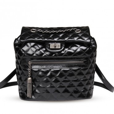 Rosaire « Claudette » Quilted Glazed Cowhide Leather Flap Backpack Bag in Black Color 76181