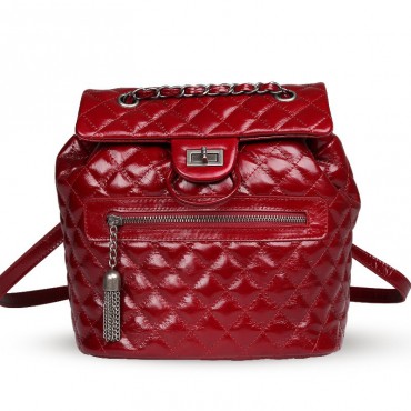 Rosaire « Claudette » Quilted Glazed Cowhide Leather Flap Backpack Bag in Red Color 76181