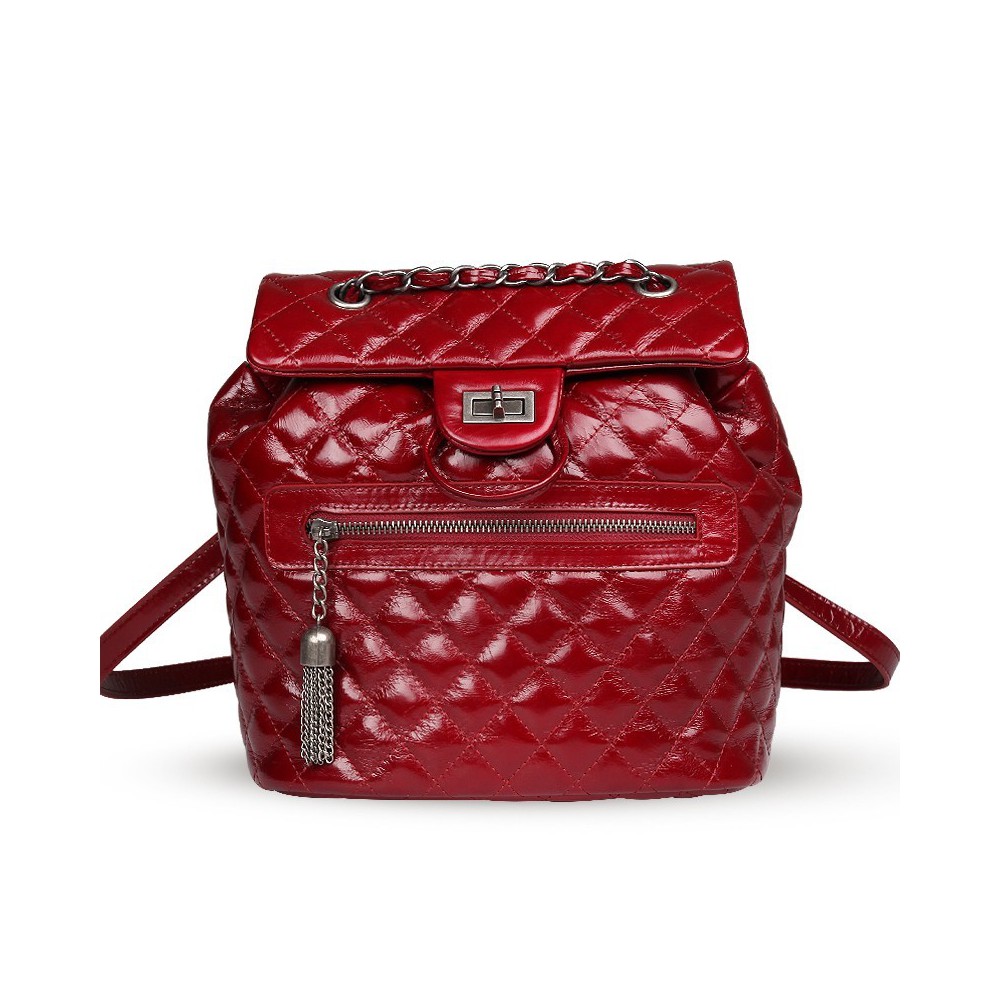 Rosaire « Claudette » Quilted Glazed Cowhide Leather Flap Backpack Bag in Red Color 76181