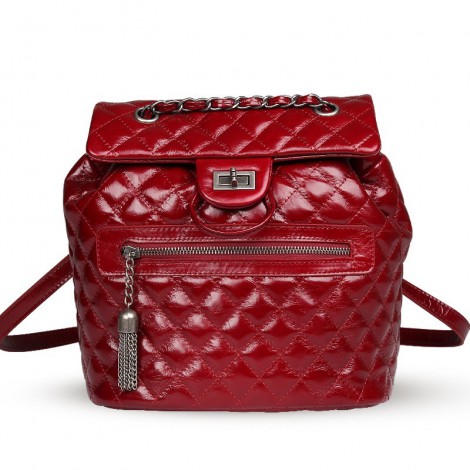 Rosaire « Claudette » Quilted Glazed Cowhide Leather Flap Backpack Bag in Red Color 76181